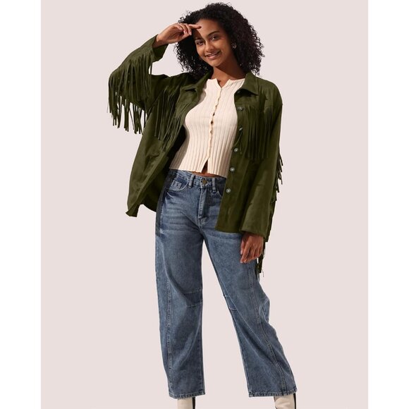 Women's Faux Suede Fringe Jacket Vintage Western Cowgirl Tassel Army Green - Picture 4 of 7